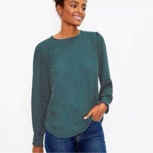 LOFT Green and White Polka Dot Long Sleeve Blouse